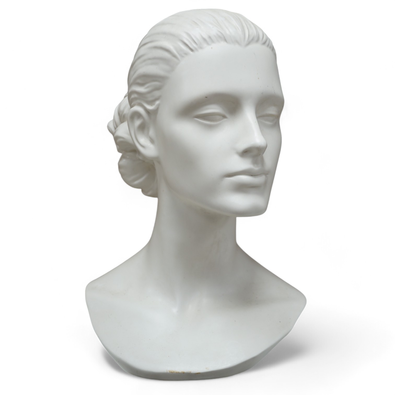 A Mouska white ceramic bust of a young woman, 33cm high. Condition - various chips to glazing on base